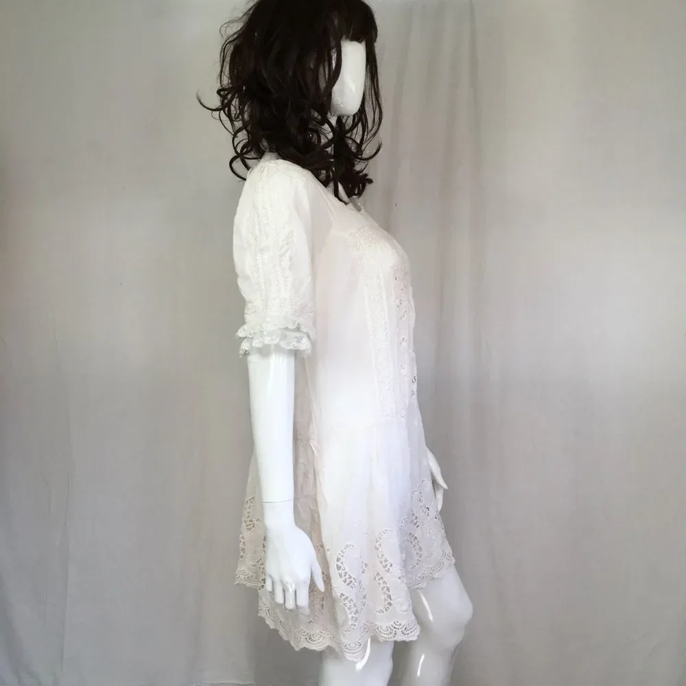 Free People Intimately White Short Sleeve Lace Mini Boho Cottagecore Dress M